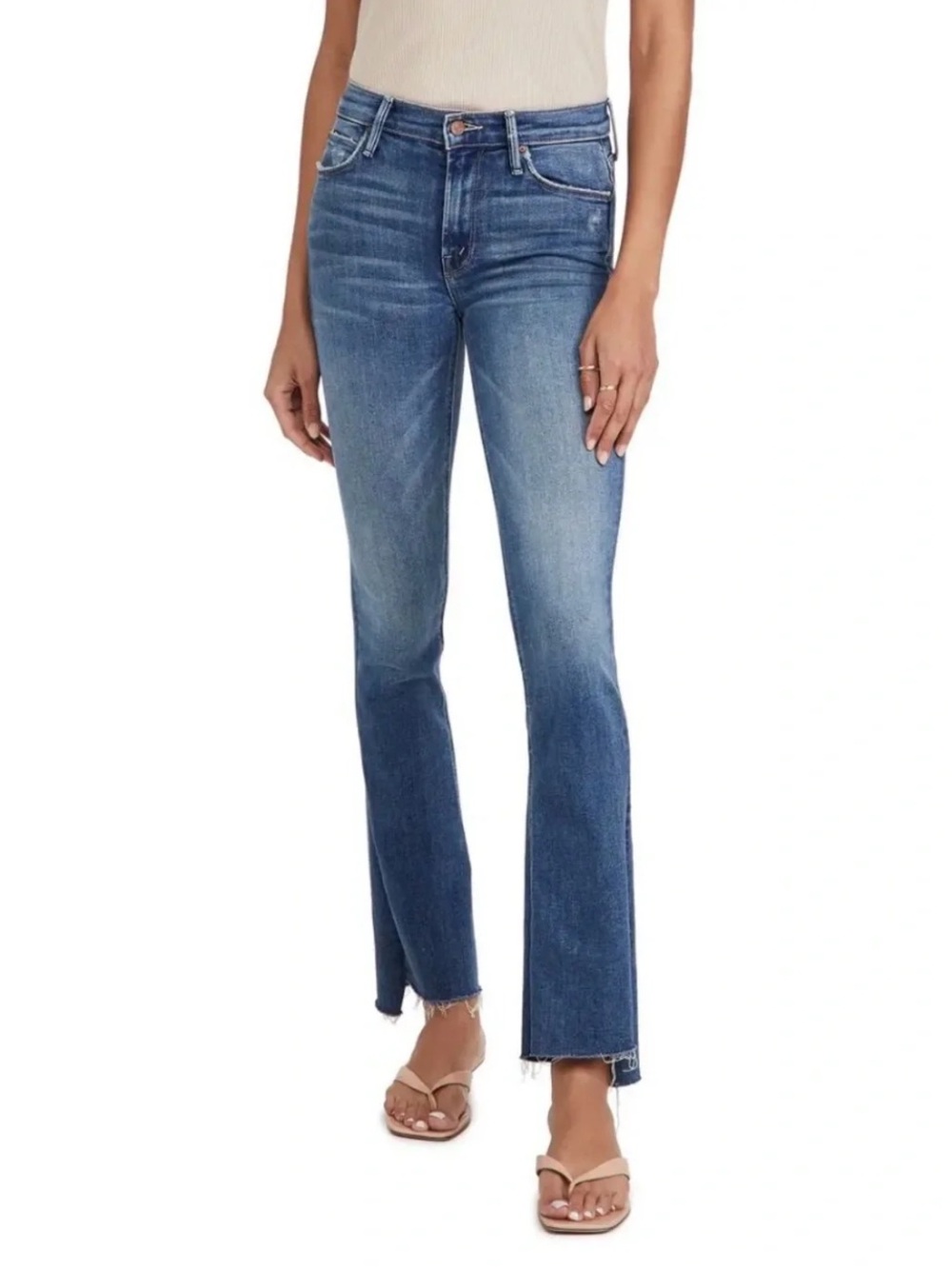 (28) Mother Runaway Step Fray Jeans Leaps and Bounds Medium Wash Blue
